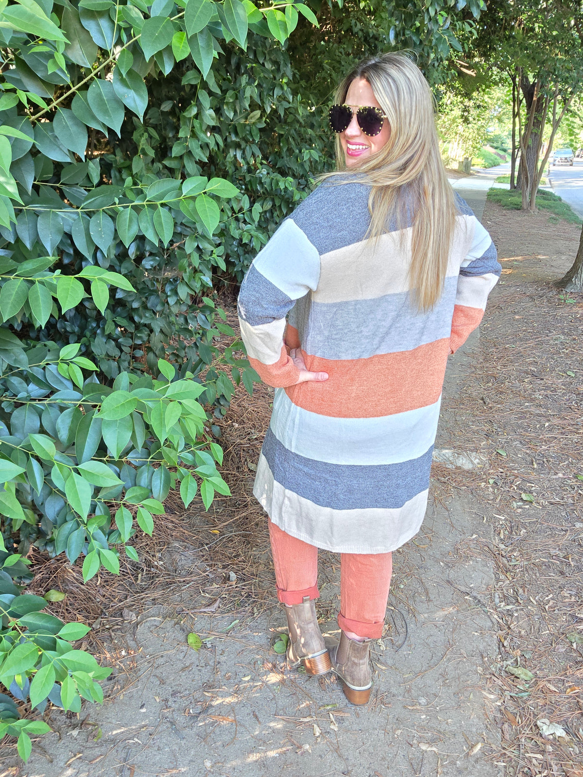 CHARCOAL/RUST MULTI COLORBLOCK LONG CARDGIAN