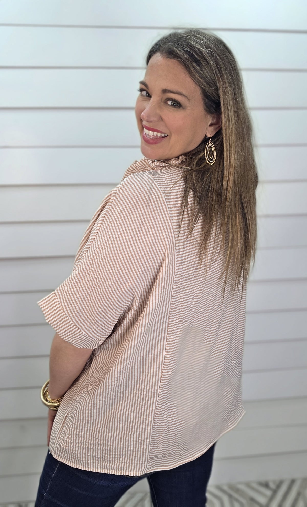 MAUVE PIN STRIPED OVERSIZED WOVEN DOLMAN TOP W/ FRILL NOTCH NECKLINE