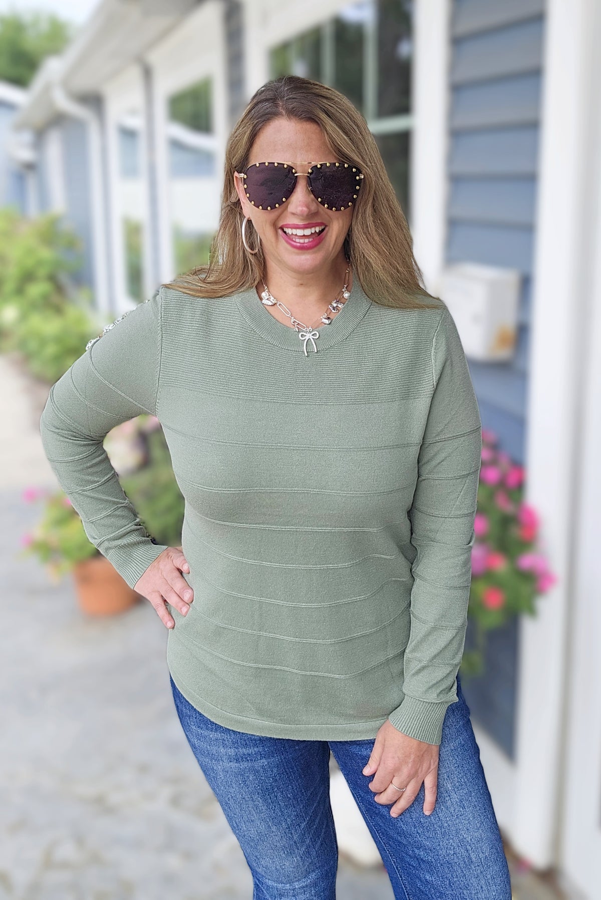 DARK SAGE PINTUCKED SUPER SOFT LIGHT WEIGHT SWEATER