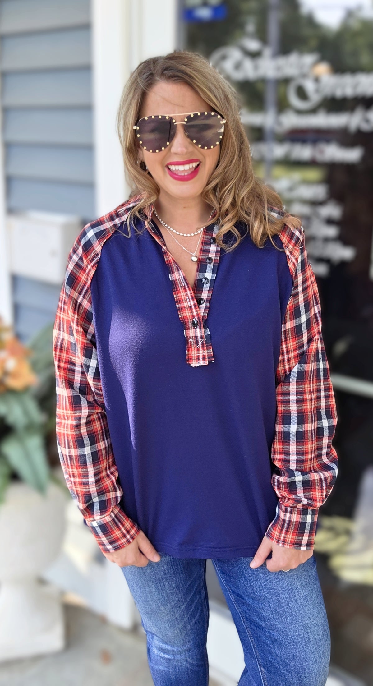 NAVY/RED PLAID CONTRAST FRENCH TERRY TOP