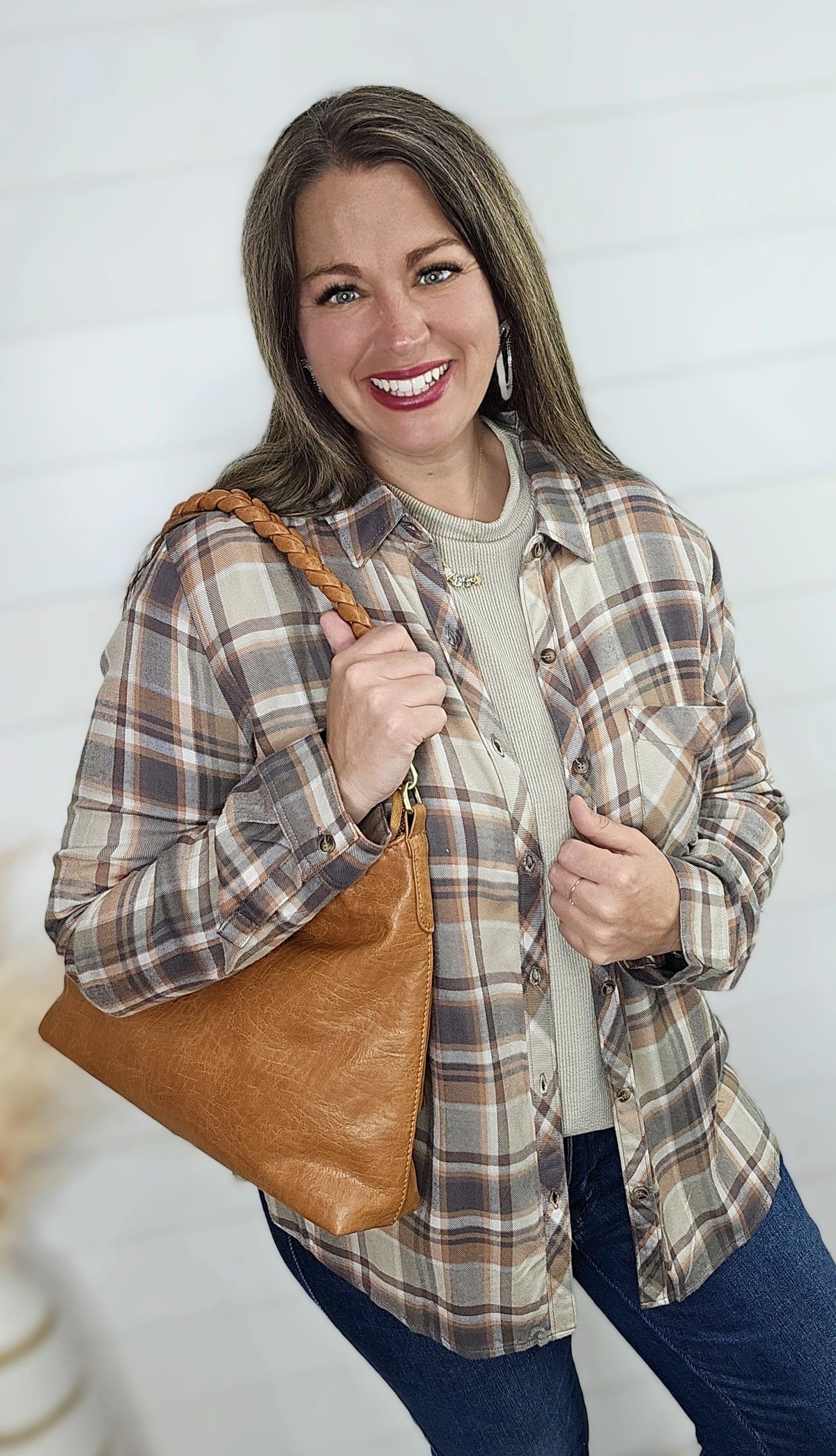 MULTI SOFT NEUTRAL BUTTON UP PLAID TOP