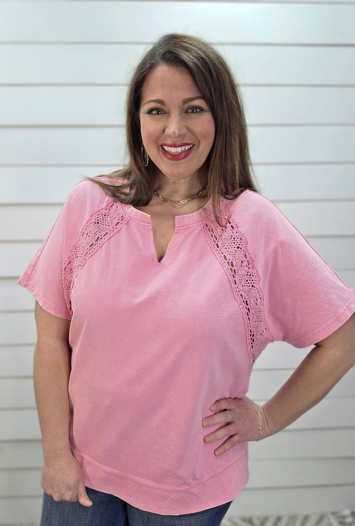 PINK MINERAL WASH LACE TRIM TOP