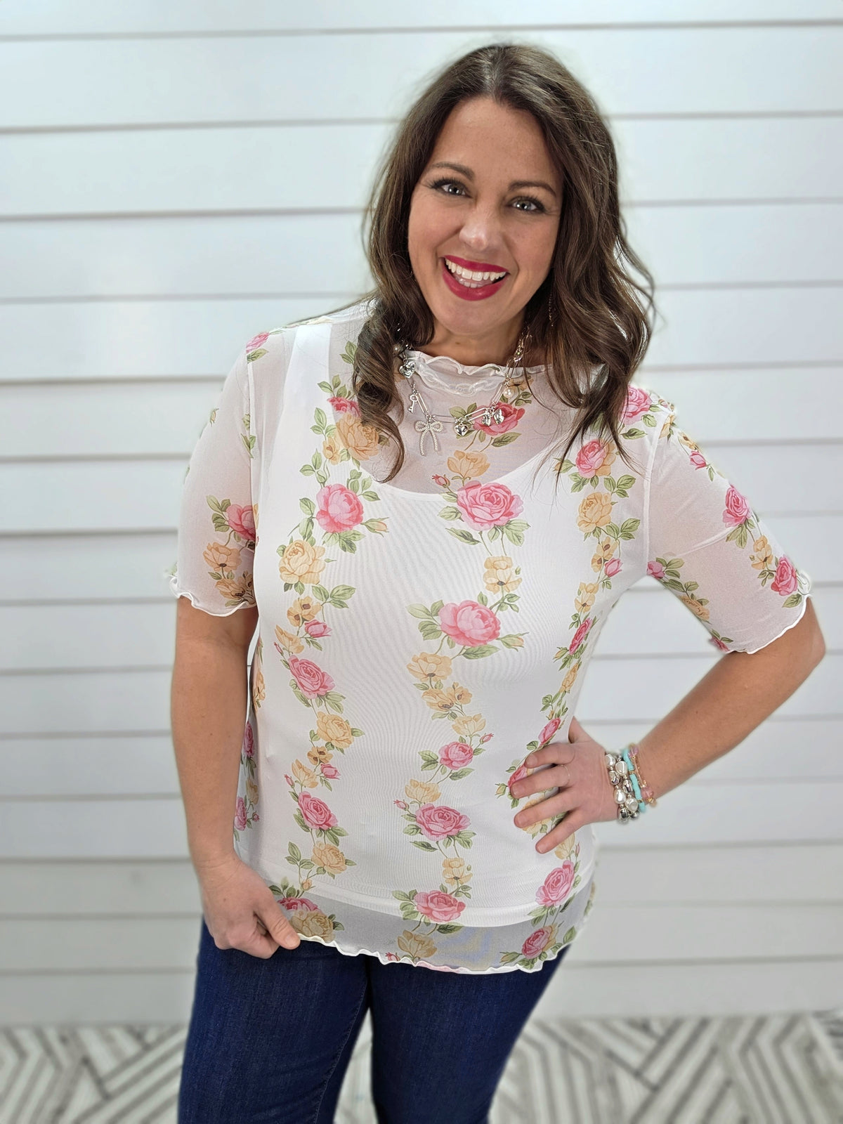 WHITE MESH FLORAL TOP
