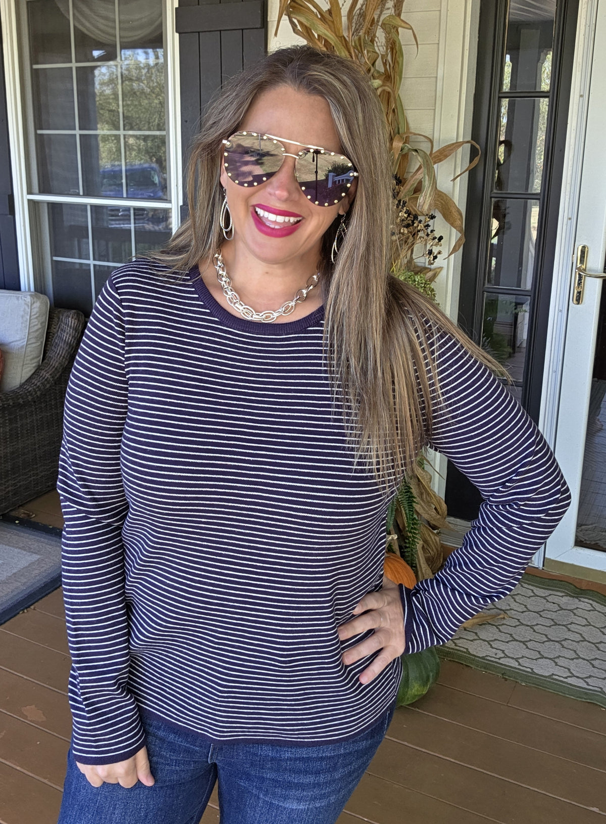 DARK NAVY PINSTRIPED PULLOVER SWEATER