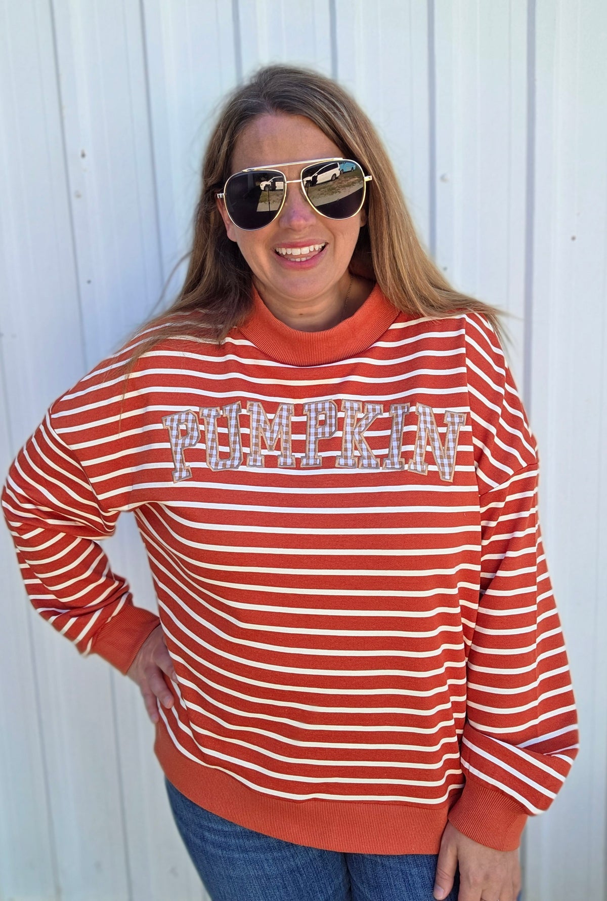 RUST PUMPKIN EMBROIDERED STRIPED With Ribbed Cuffs And Hemline Stripe