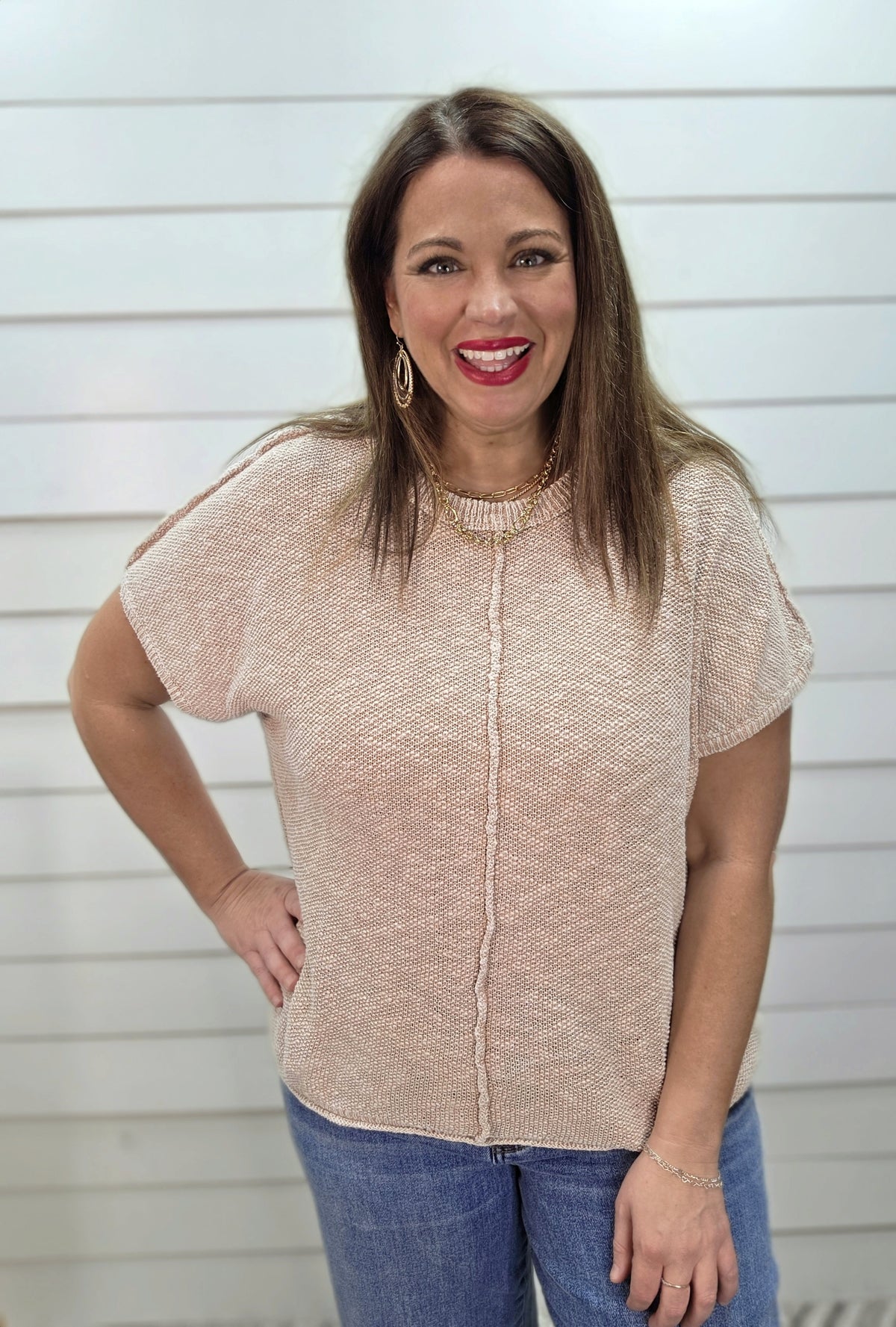 BEIGE MINERAL WASH SHORT SLEEVE TEXTURED LOOSE FIT SWEATER