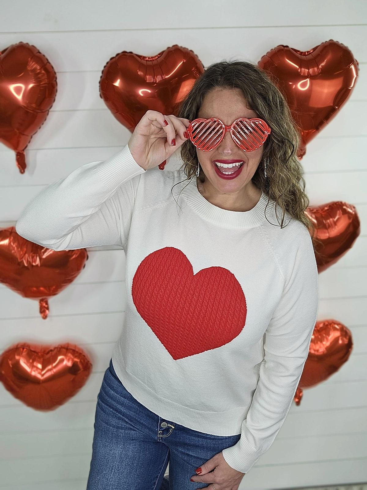 CREAM SWEATER WITH RED LARGE HEART