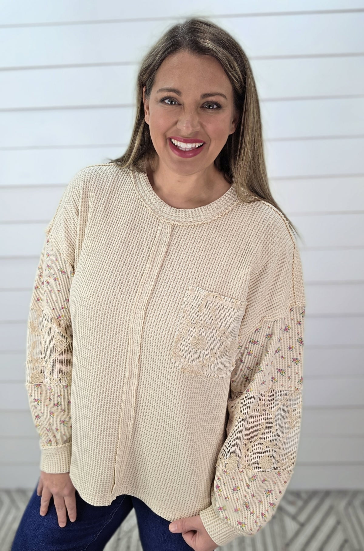 NATURAL WAFFLE TEXTURE CONTRAST SLEEVE KNIT OVERSIZED TOP