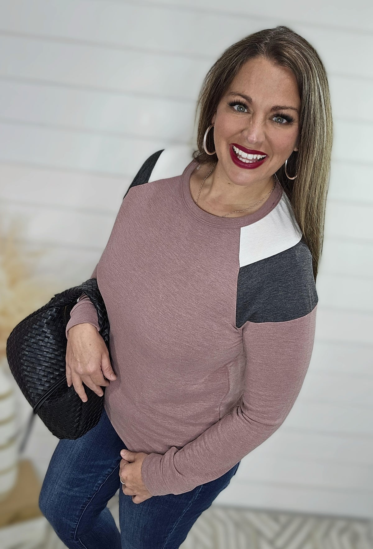 MAUVE COLORBLOCK SLEEVE FRENCH TERRY TOP