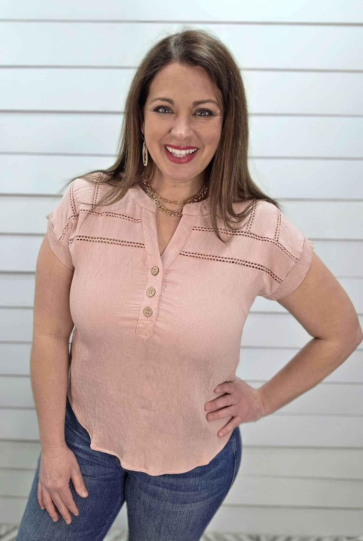 DUSTY PINK CROCHET LINE LACE HALF BUTTON WOVEN TOP