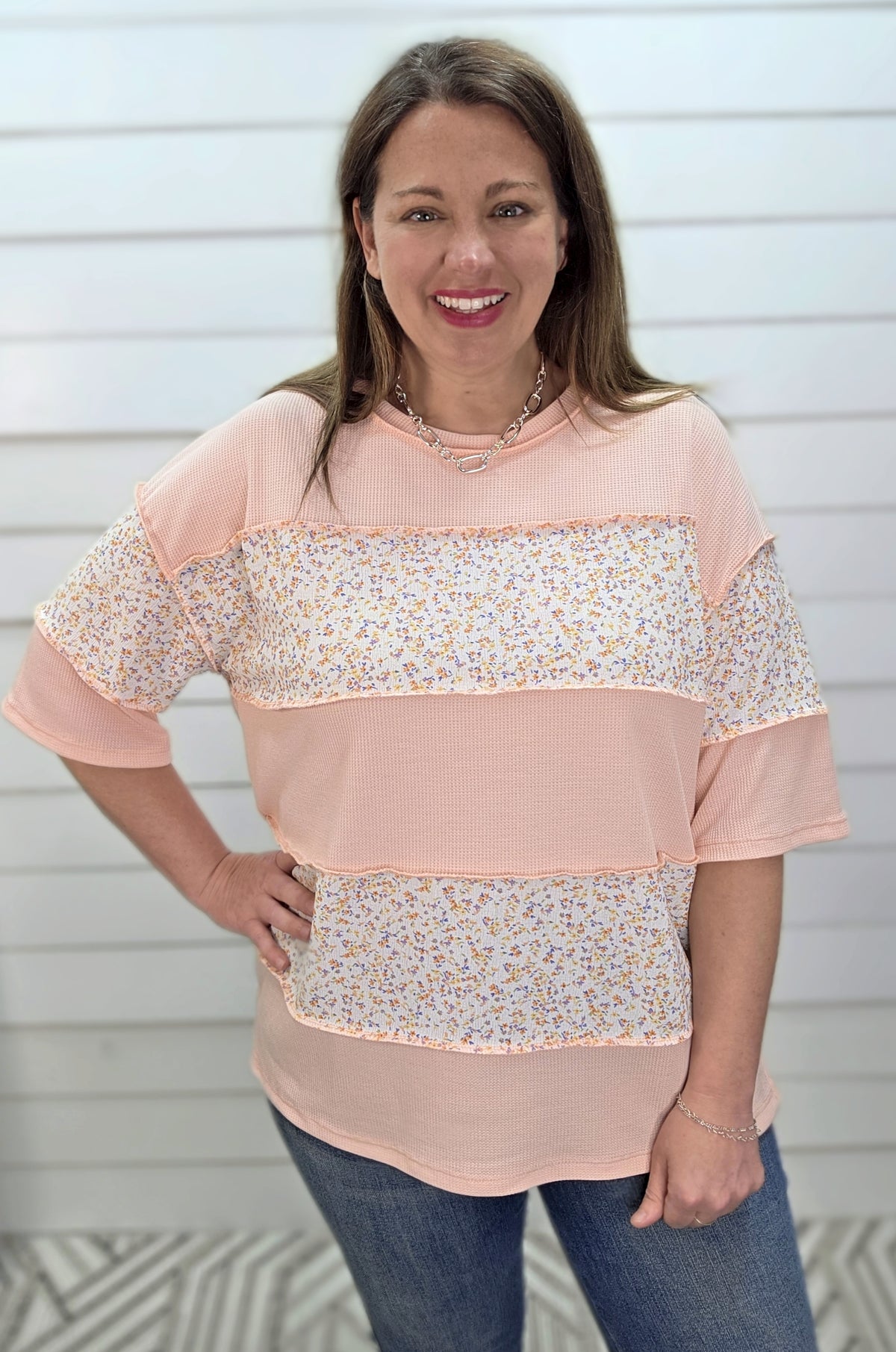 PEACH WAFFLE TEXTURE FLORAL COLORBLOCK KNIT TOP