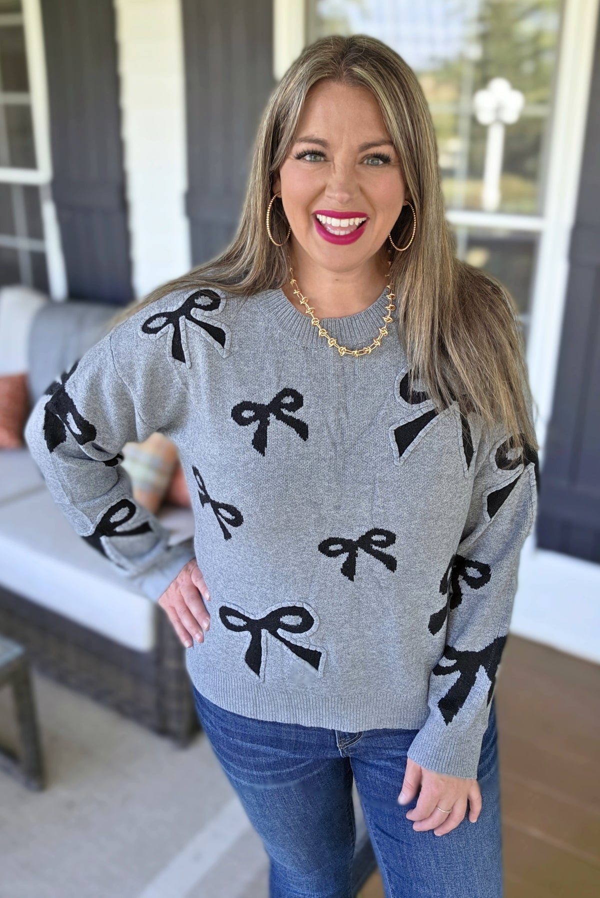 GREY/BLACK BOW ULTRA SOFT KNIT SWEATER