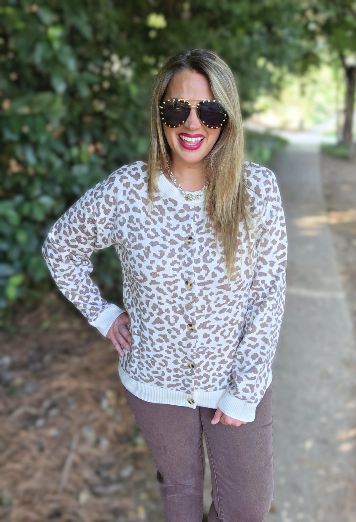 BROWN/CREAM ANIMAL PRINT BUTTON DOWN SWEATER CARDIGAN