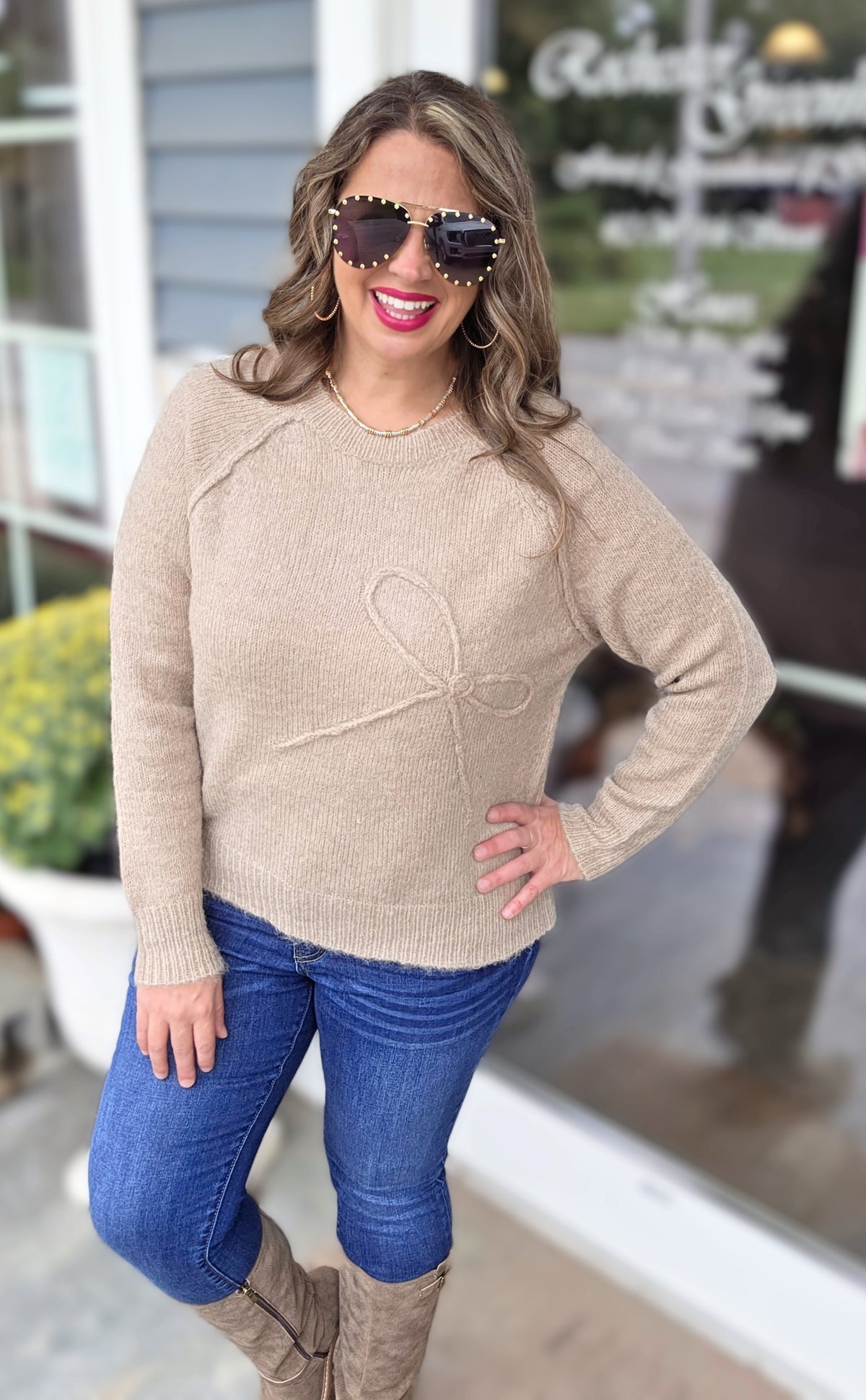 TAUPE BOW TEXTURED KNIT SWEATER