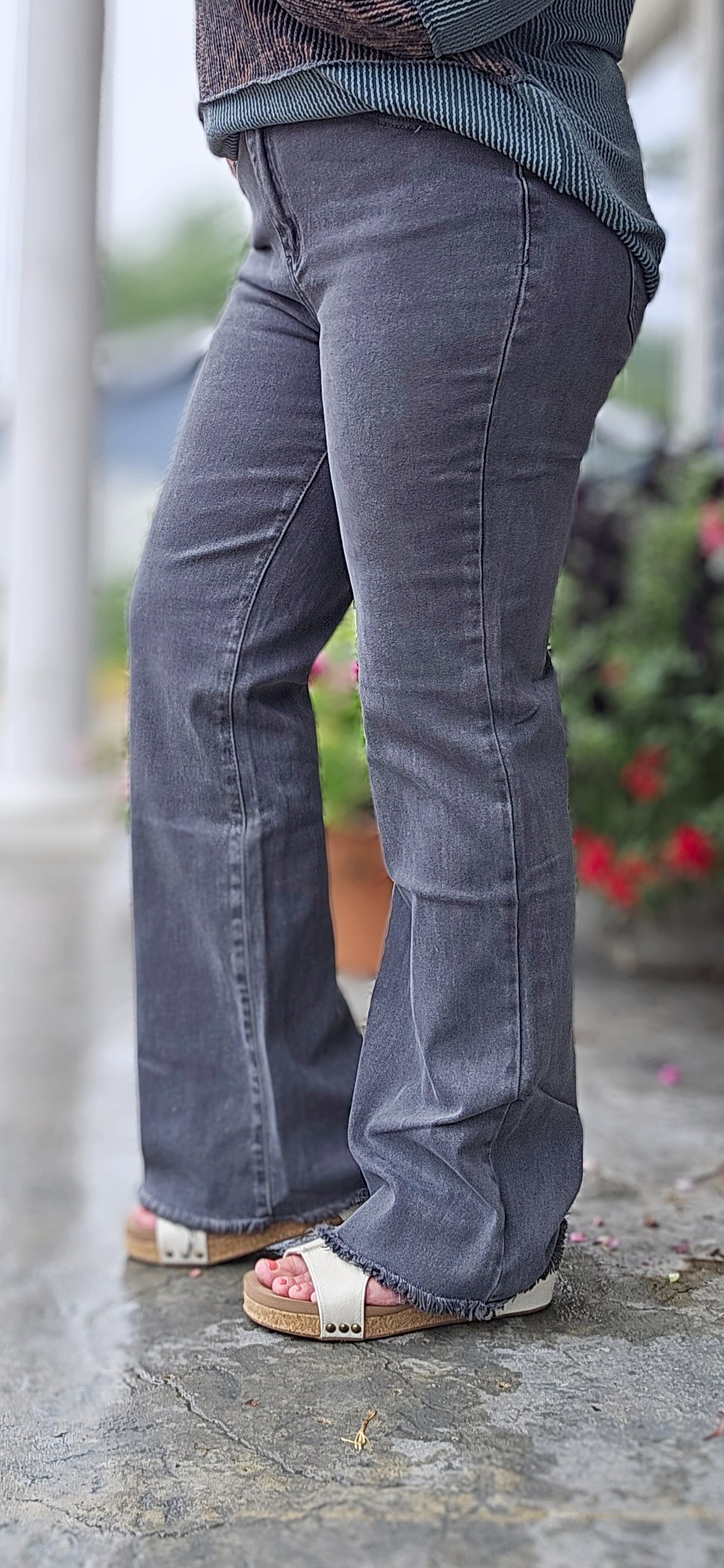 ASH BLACK ACID WASHED FREY HEM WIDE LEG JEANS