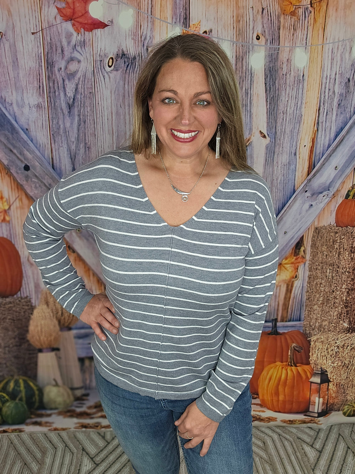 GREY/WHITE STRIPED V NECK LIGHT WEIGHT SWEATER