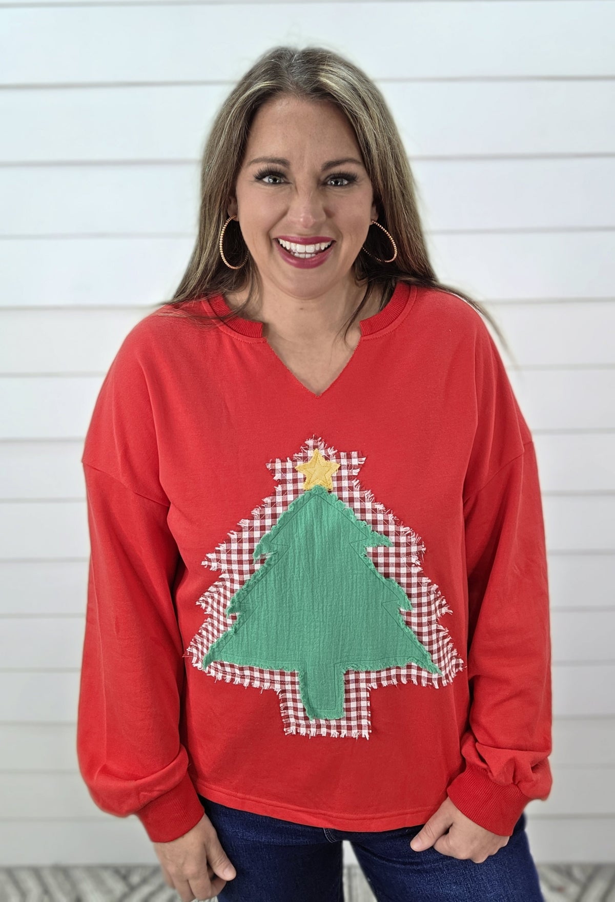 RED FRENCH TERRY PULLOVER W/ RAW EDGE TREE