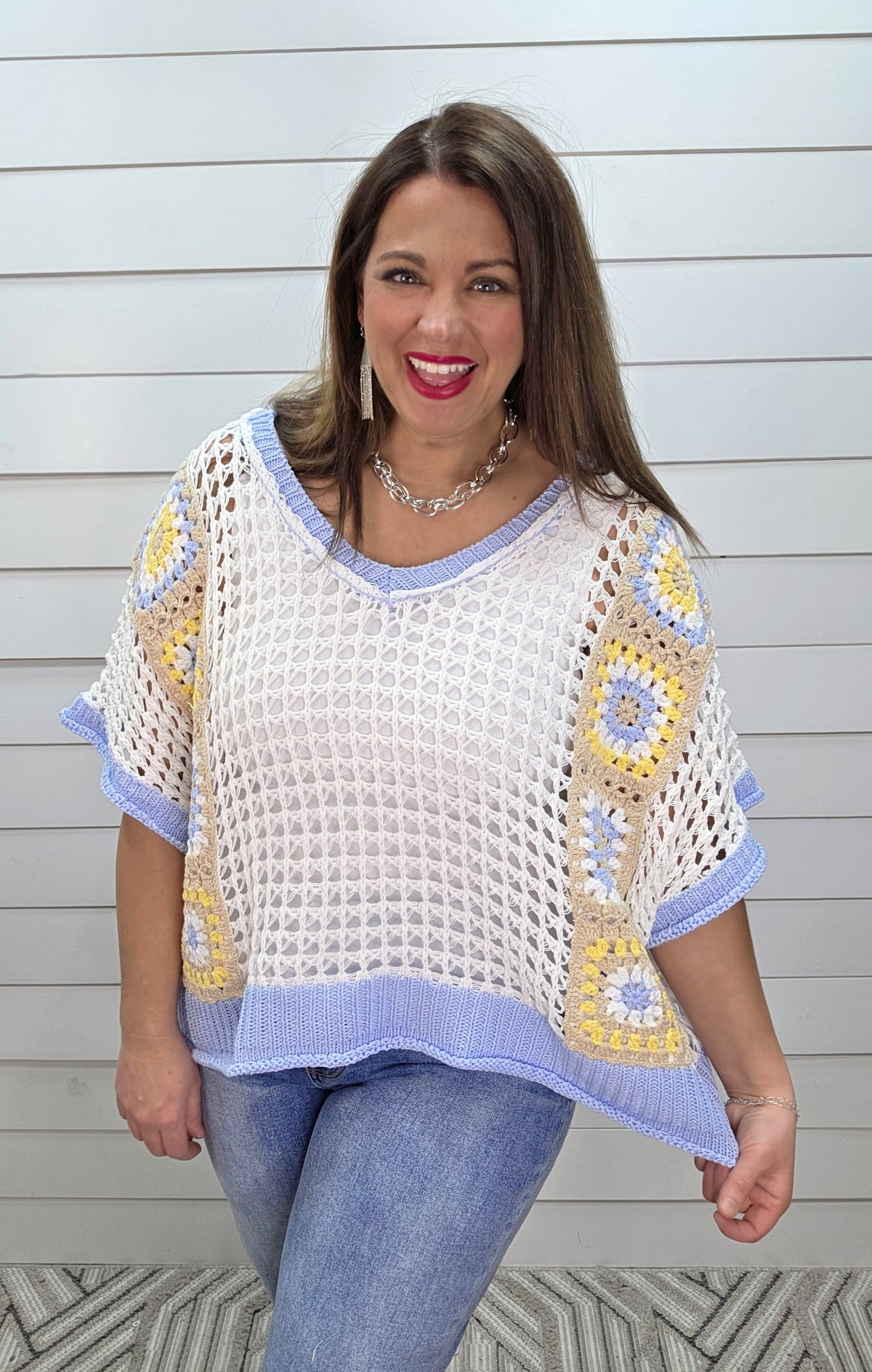 WHITE OPEN KNIT SWEATER WITH SKY BLUE TRIM & PATCHWORK