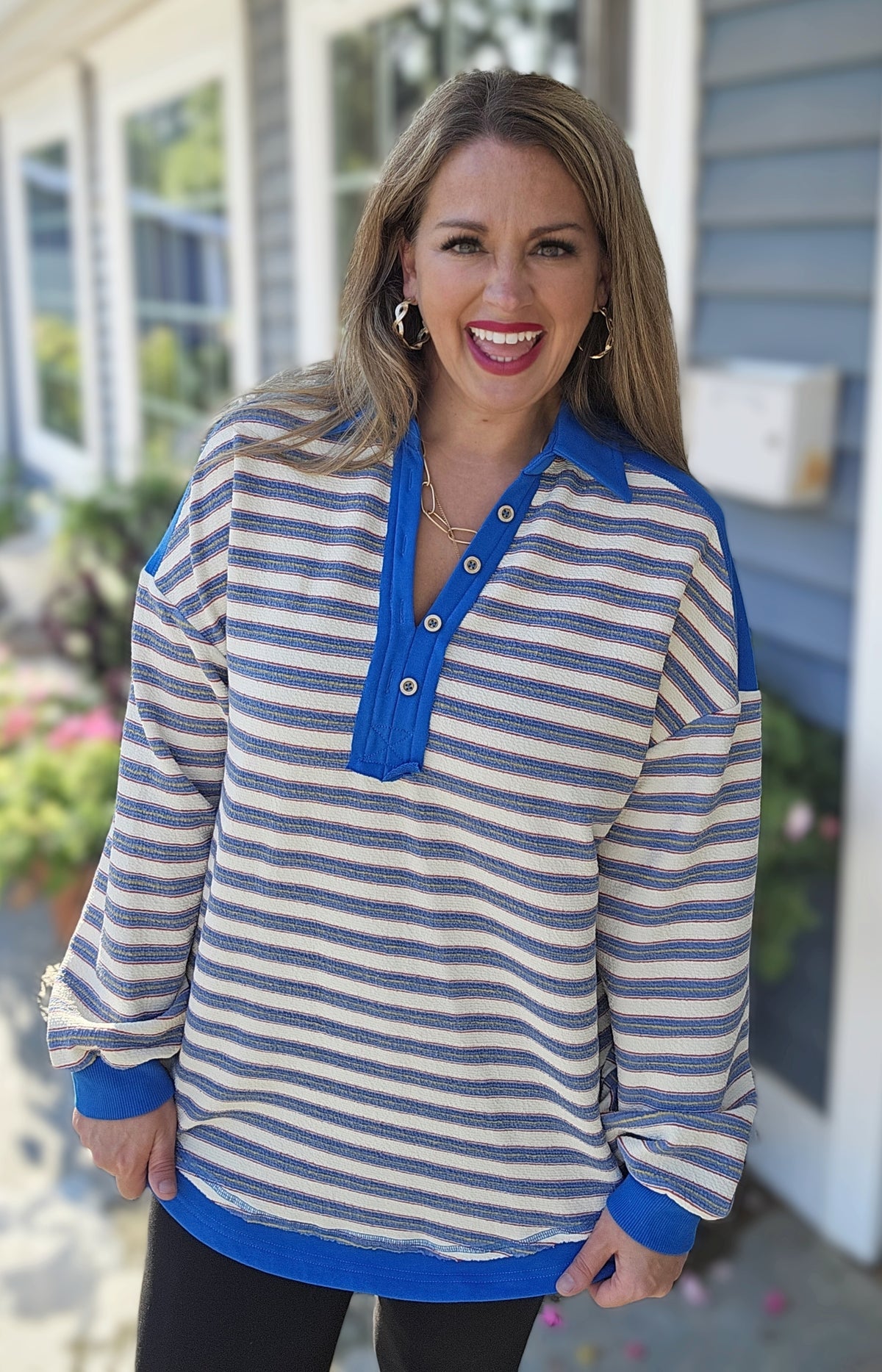 BLUE STRIPED V NECK COLLARED TOP