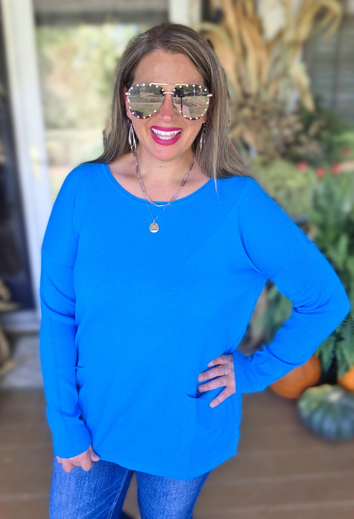 DEEP SKY BLUE TWO POCKET TUNIC SWEATER