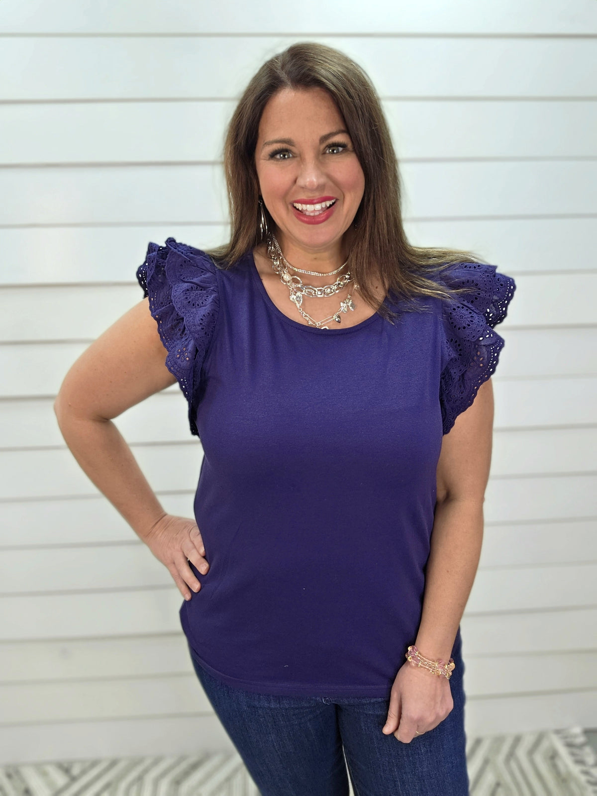 NAVY KNIT TOP W/ LACE DOUBLE RUFFLE SLEEVES