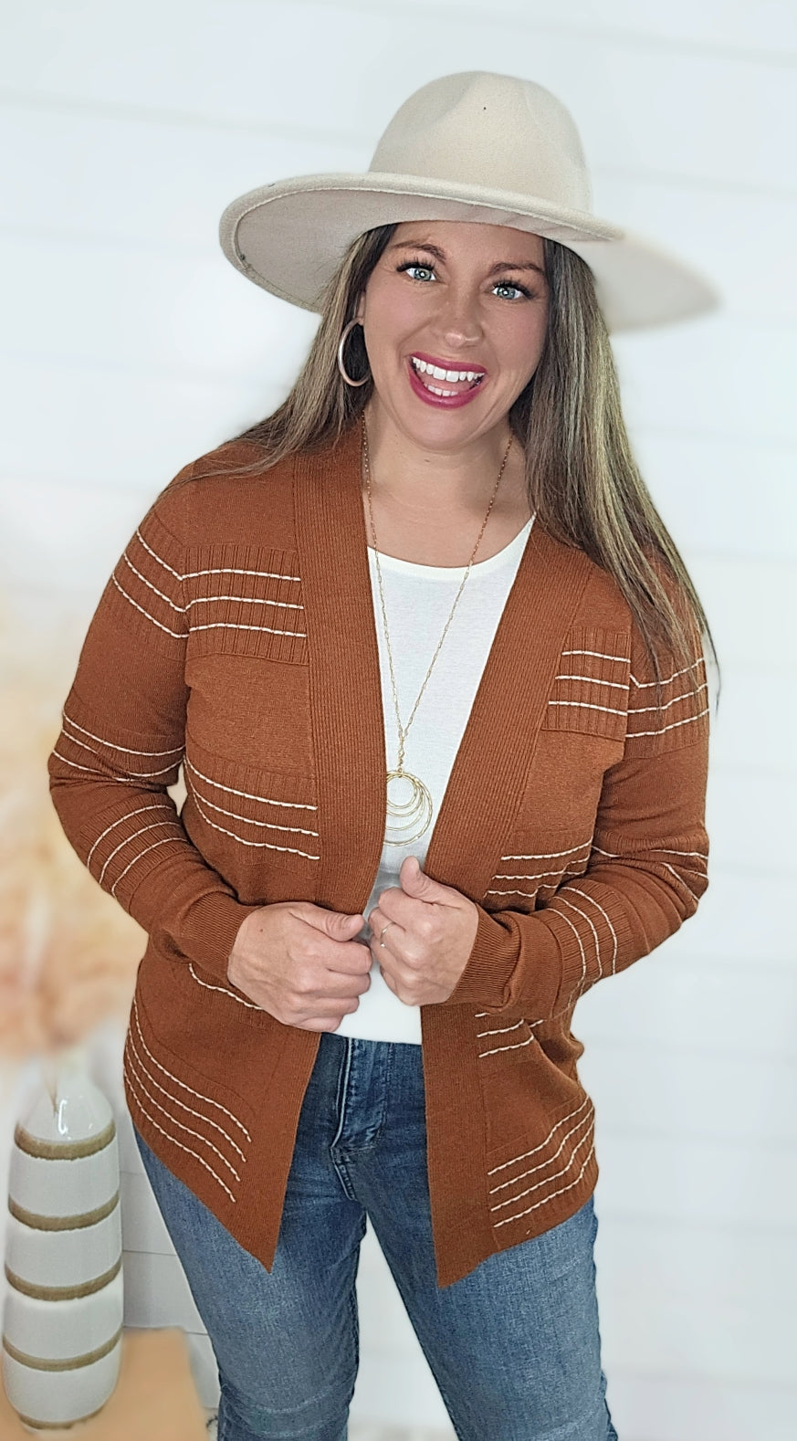 BROWN STITCH STRIPED OPEN FRONT CARDIGAN