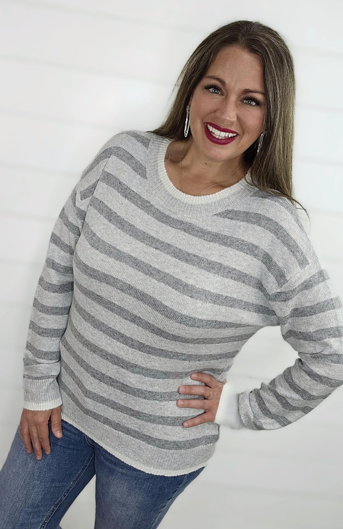 H GREY STRIPED ULTRA SOFT CREW NECK SWEATER