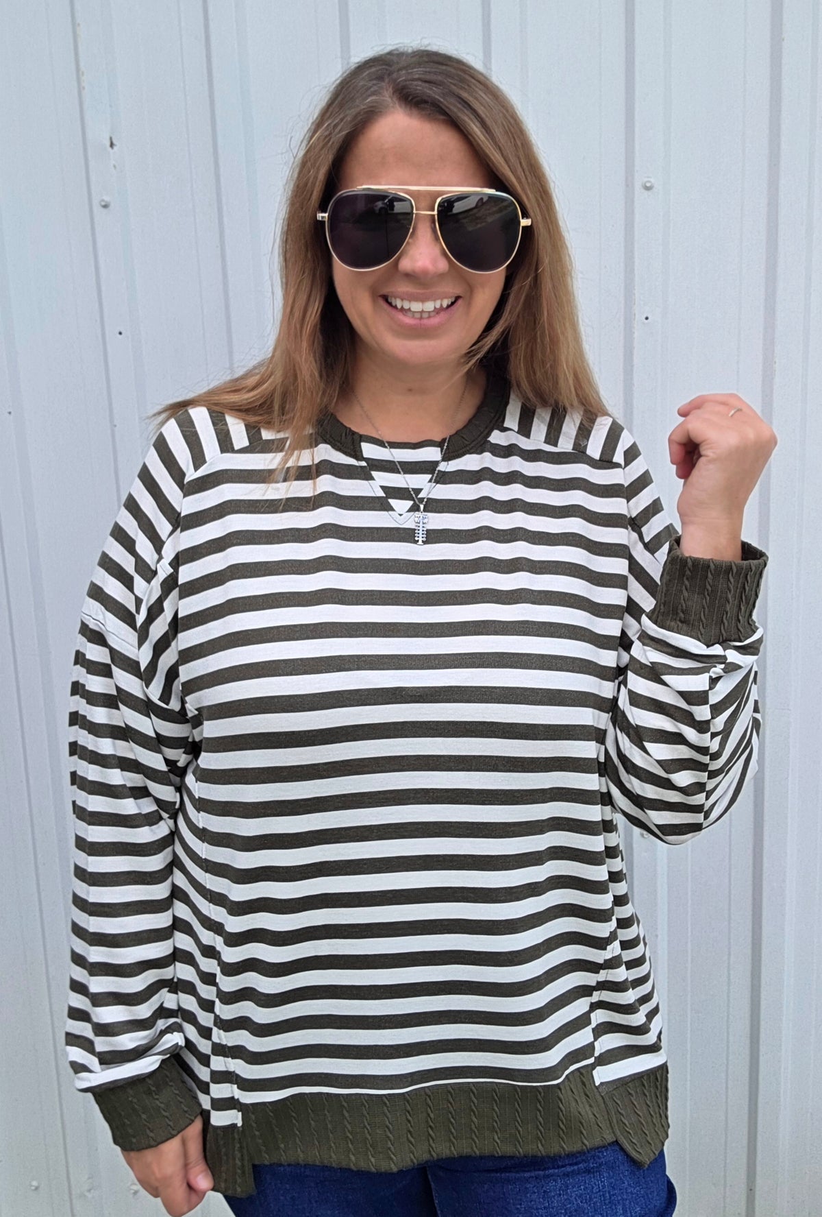 Olive Loose Fit  Long Sleeve Striped Knit Top