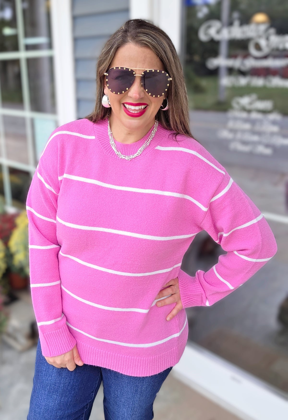 PINK/IVORY STRIPED OVERSIZED SWEATER