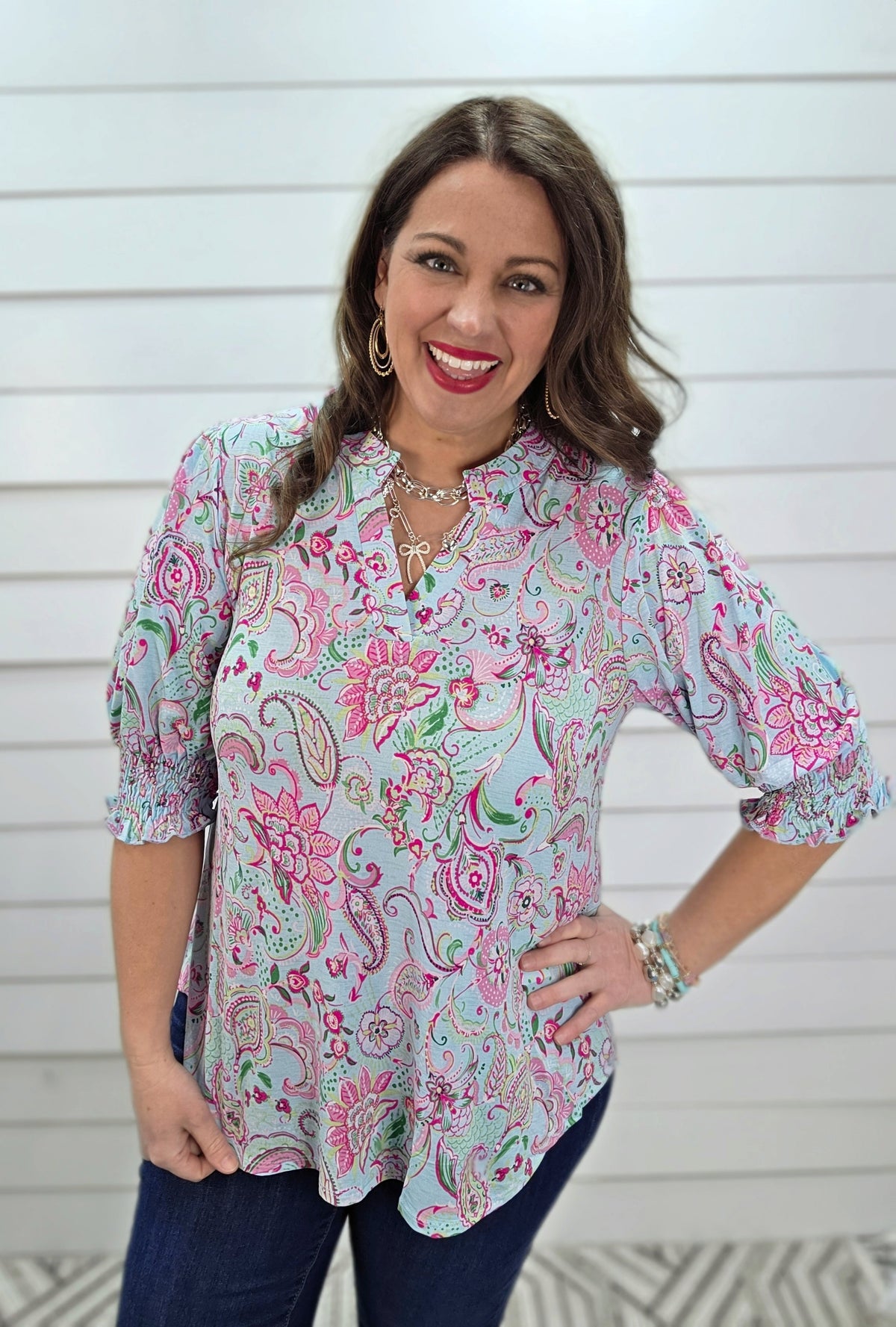 DEAR SCARLETT SMOCKED TOP - AQUA PINK PAISLEY PRINT