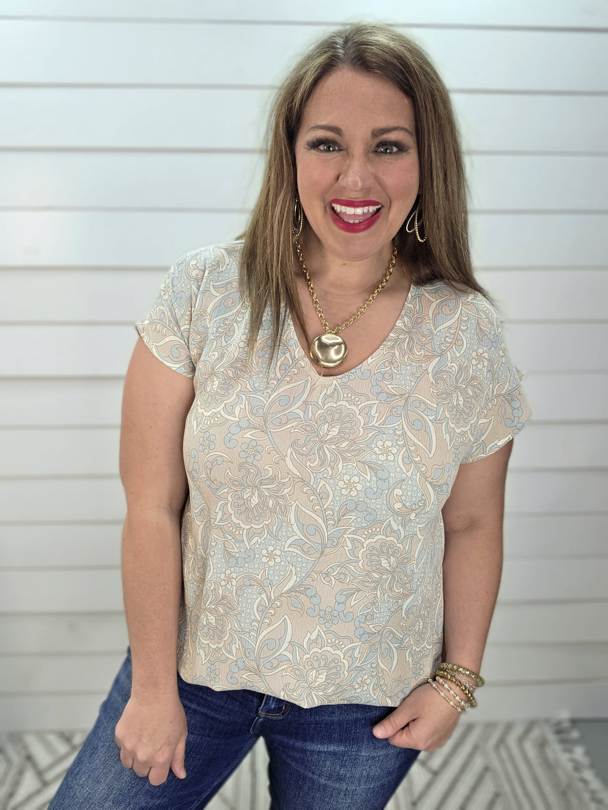 TAUPE/LIGHT BLUE FLORAL V NECK WOVEN TOP