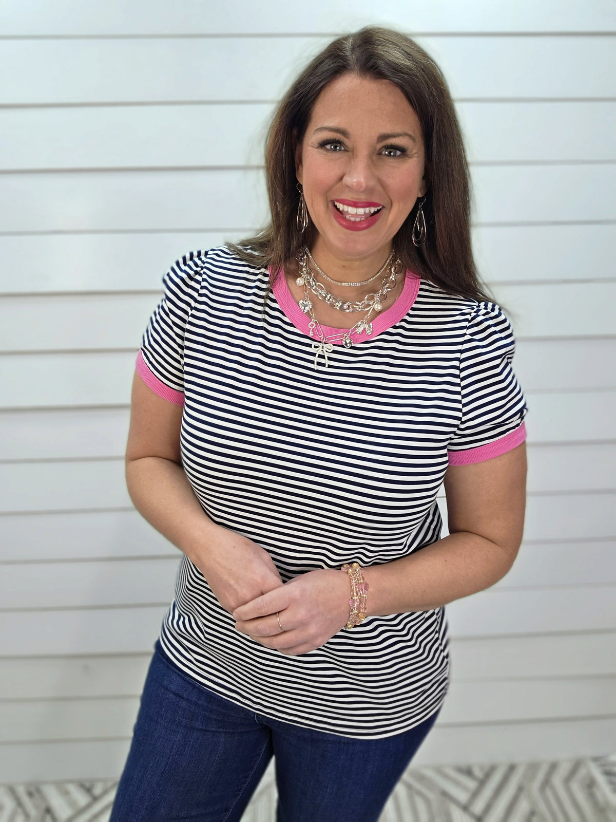 NAVY STRIPED KNIT TOP W/ PINK TRIM AND SMALL PUFF SLEEVE