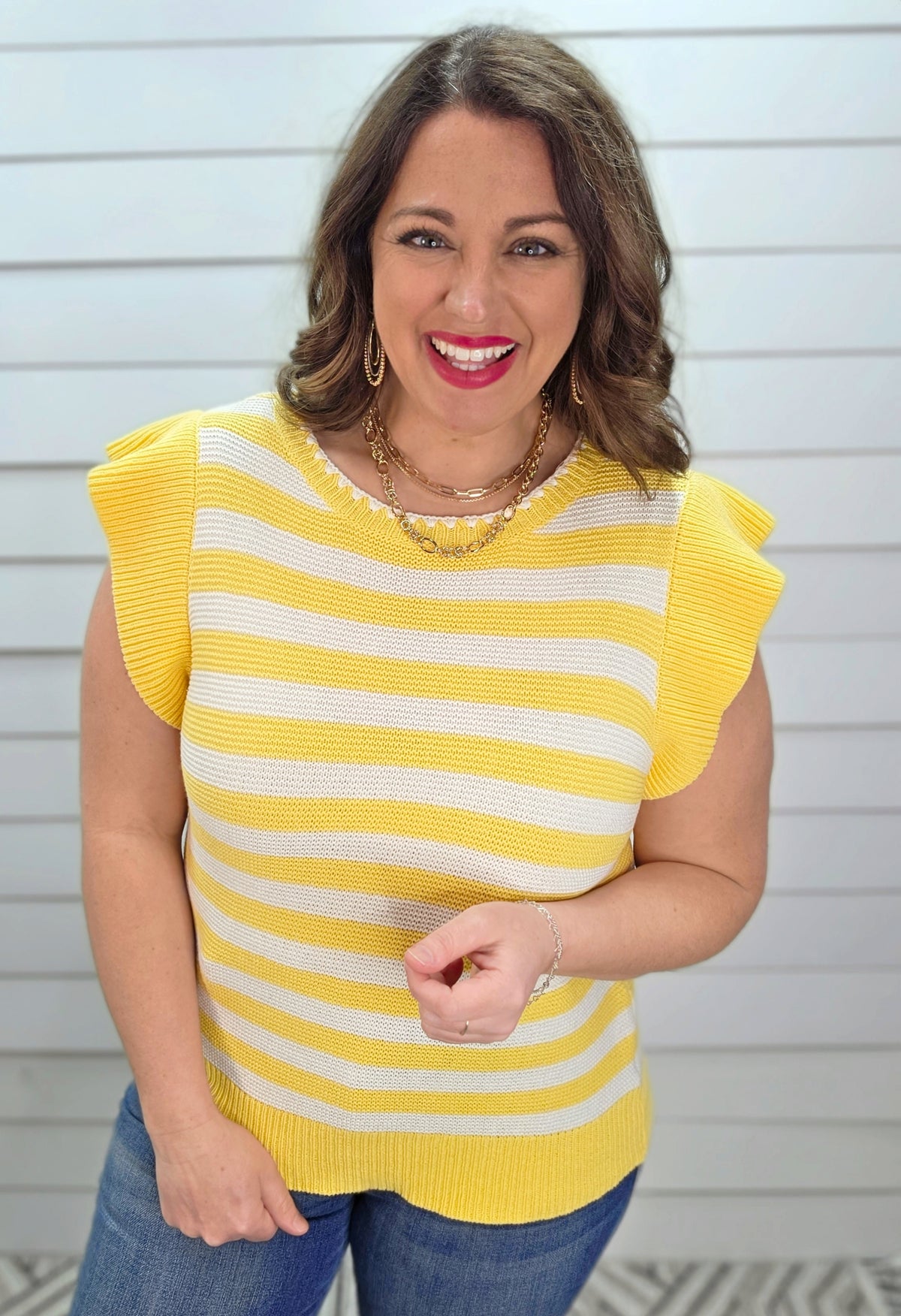 YELLOW/WHITE STRIPED SWEATER KNIT W/ RUFFLE SLEEVE