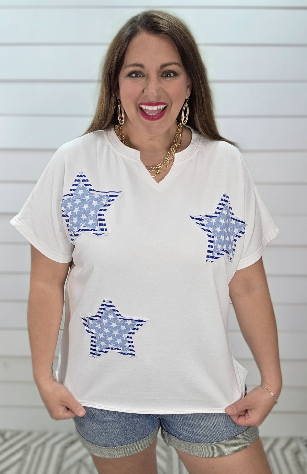 WHITE/STAR CONRAST KNIT TOP