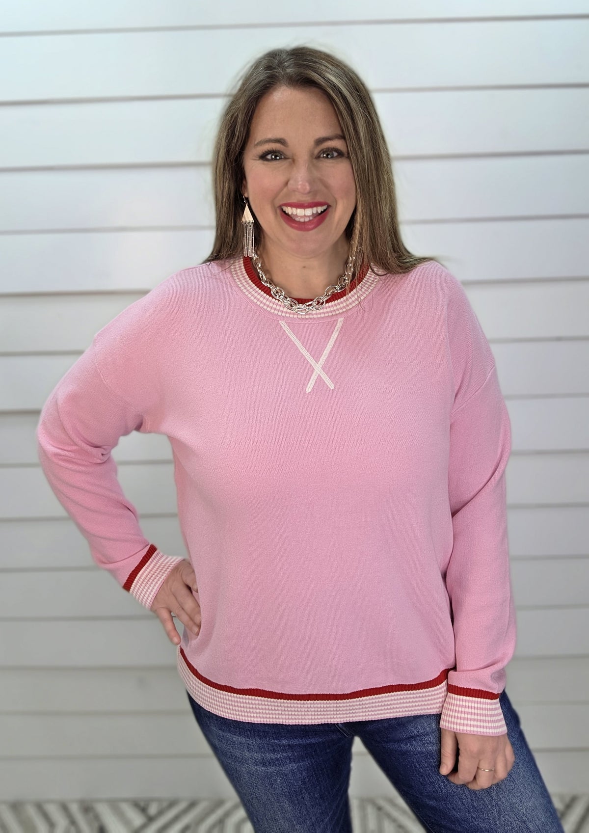 PINK CONTRAST SWEATER W/ RED/WHITE TRIM