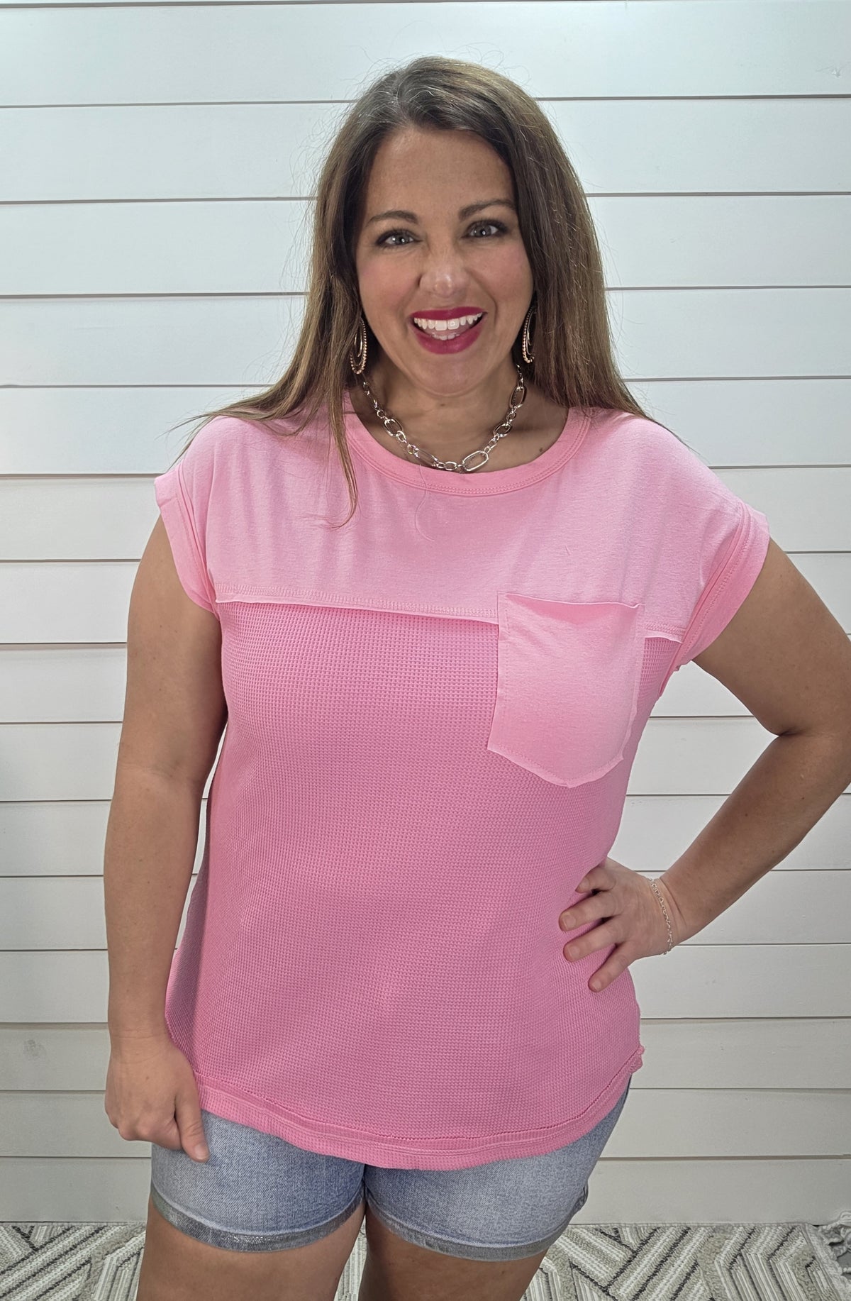 PINK WAFFLE CONTRAST KNIT POCKET TOP