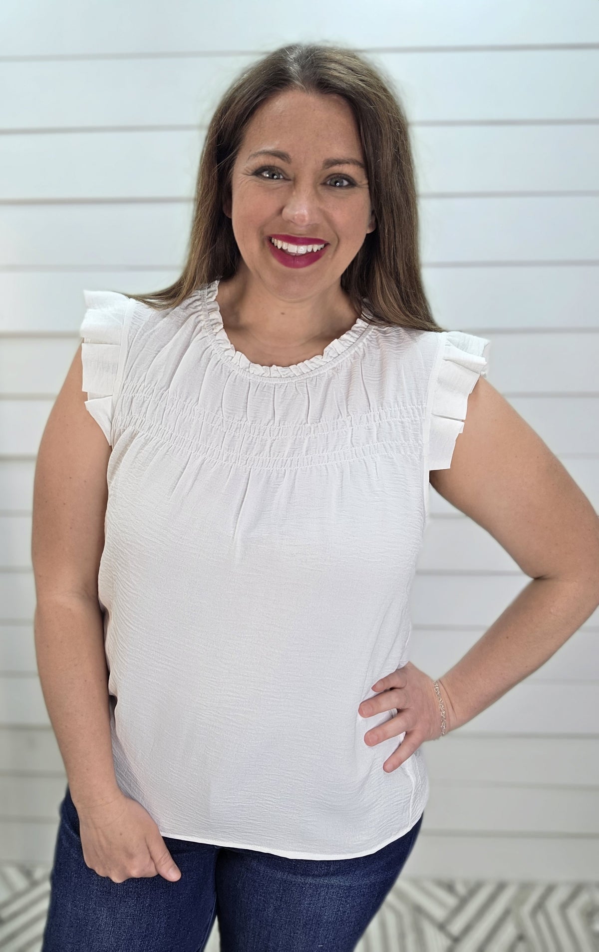 WHITE RUFFLE NECK WOVEN SLEEVELESS TOP