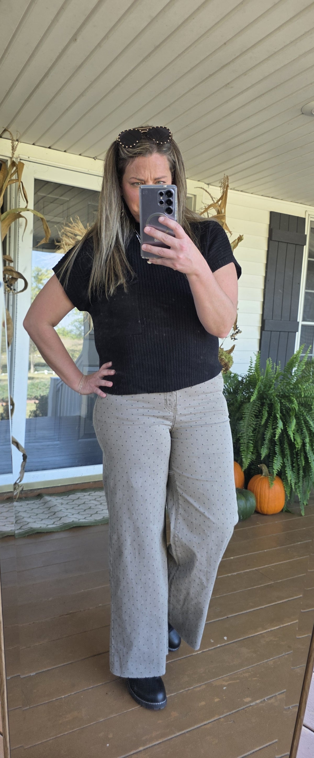 MOCHA WASHED POLKADOT WIDE LEG DENIM PANTS
