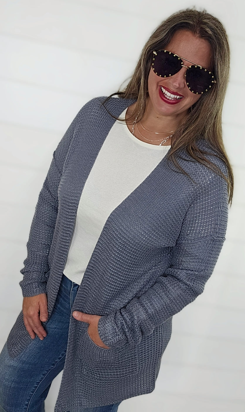 GREY LIGHT WEIGHT WAFFLE CARDIGAN