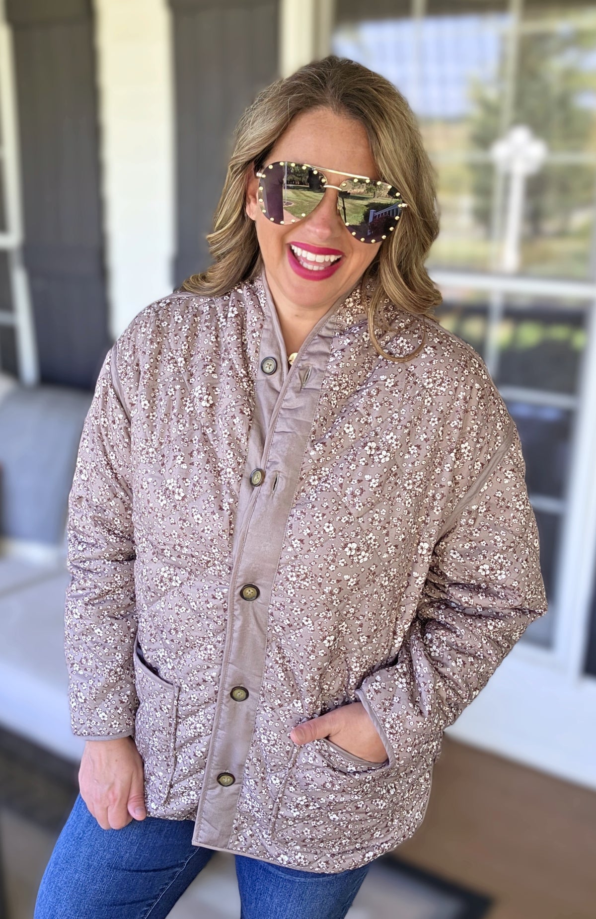 KARENT HART TAUPE REVERSIBLE FLORAL/KHAKI QUILTED JACKET