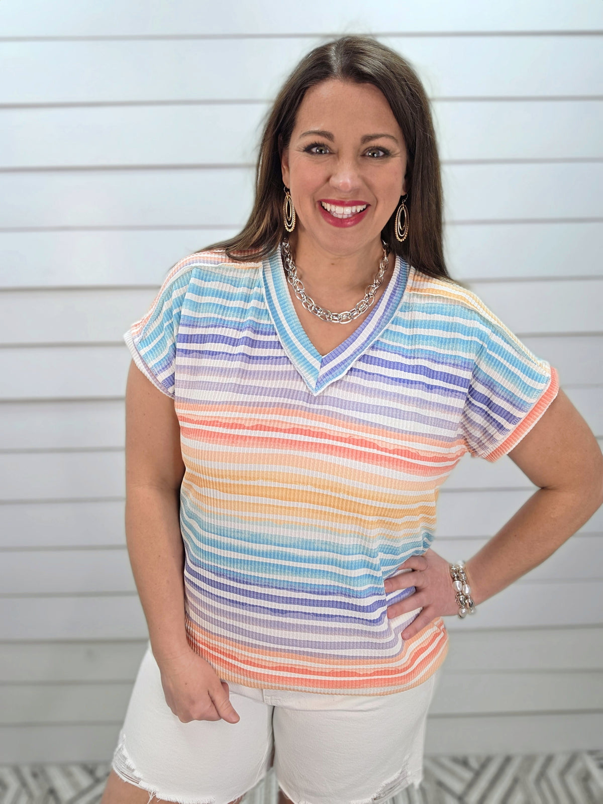 MULTI COLOR STRIPED RAISED RIBBED KNIT TOP