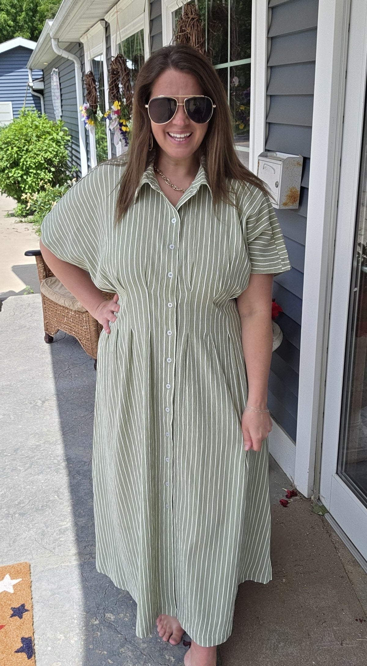 SAGE STRIPED BUTTON DOWN DRESS PLEATED WITH SIDE POCKETS