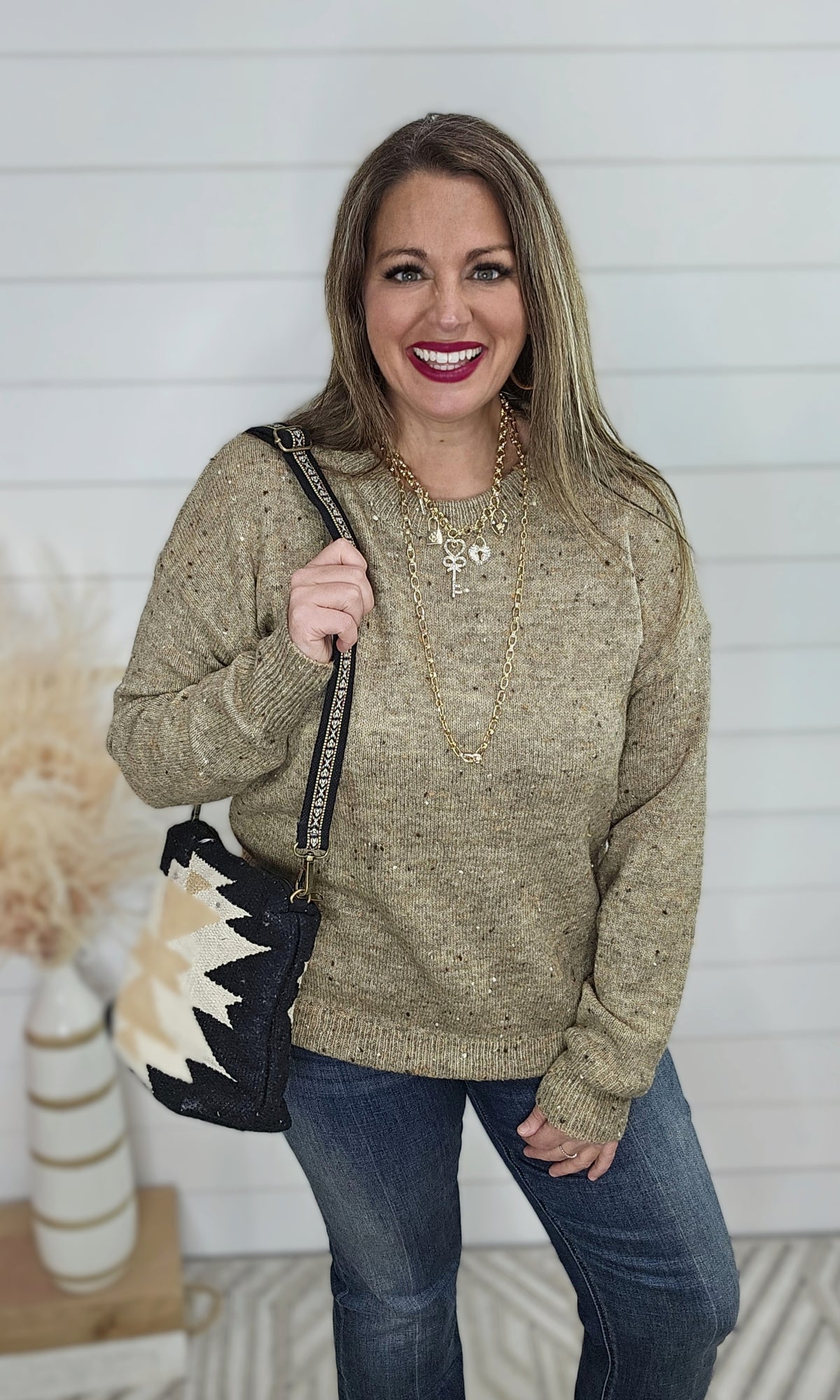 DARK TAUPE SPRINKLE YARN PULLOVER SWEATER