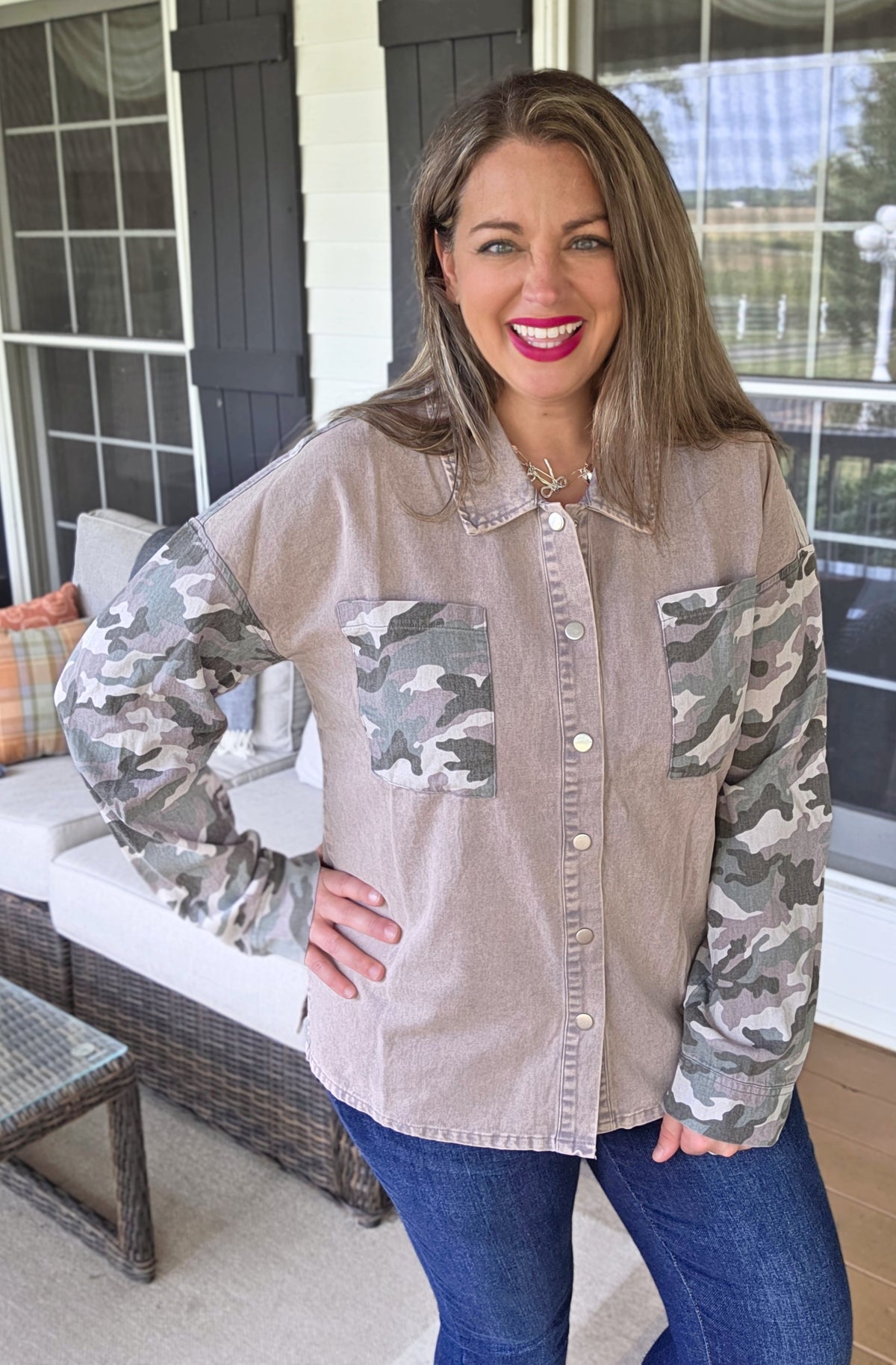 BLUSH DENIM CAMO CONTRAST SNAP BUTTON TOP