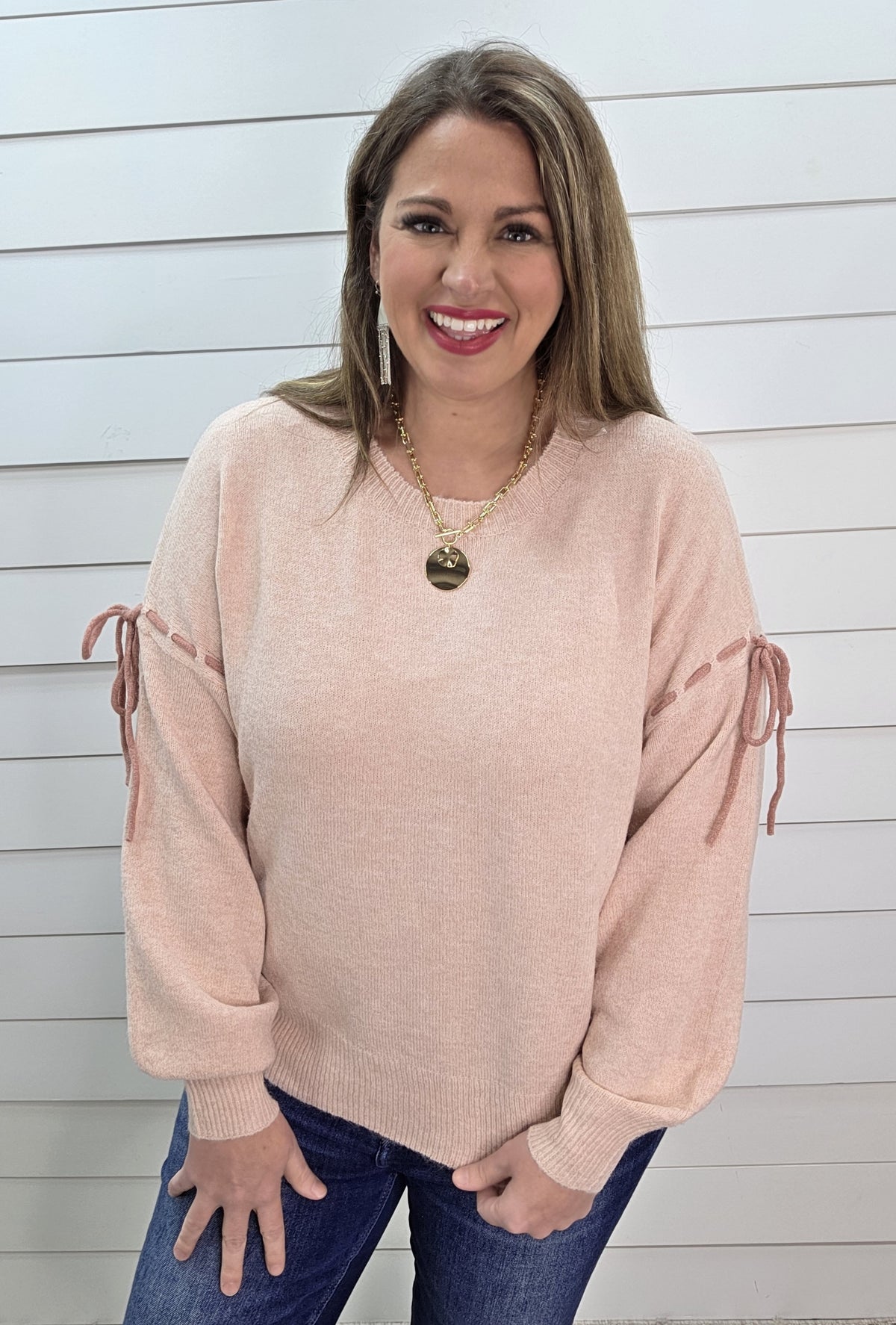 BLUSH SOFT KNIT BOW STITCH SLEEVE DETAIL PULLOVER SWEATER