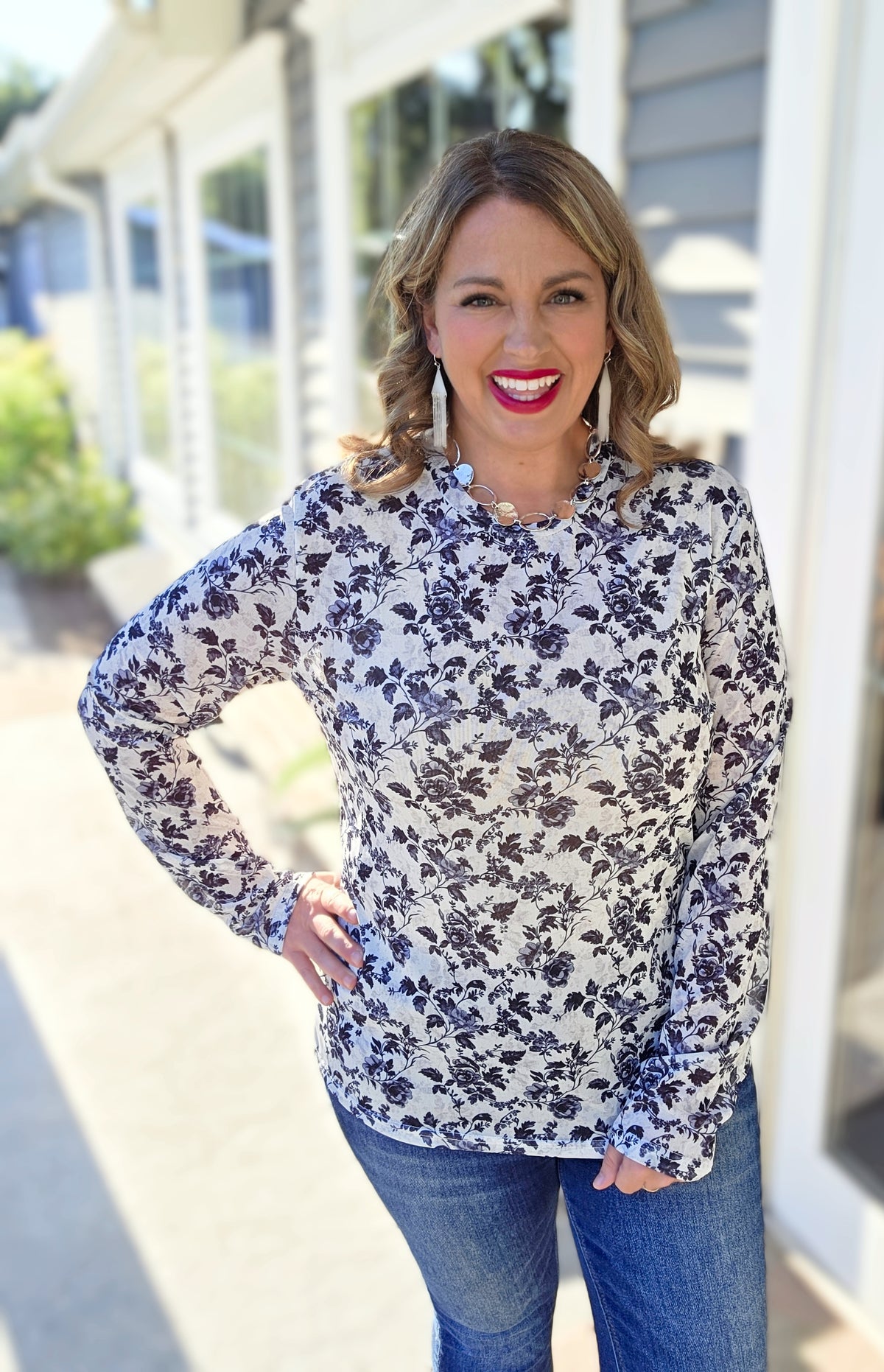 SHIRLEY AND STONE BLACK AND WHITE FLORAL MESH TOP