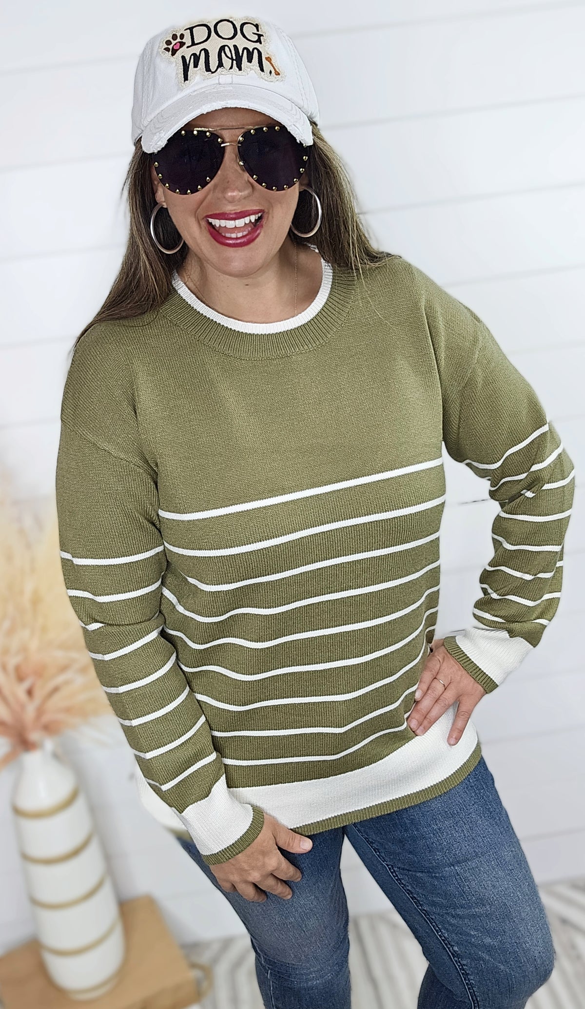 OLIVE/CREAM STRIPED CREW NECK SWEATER