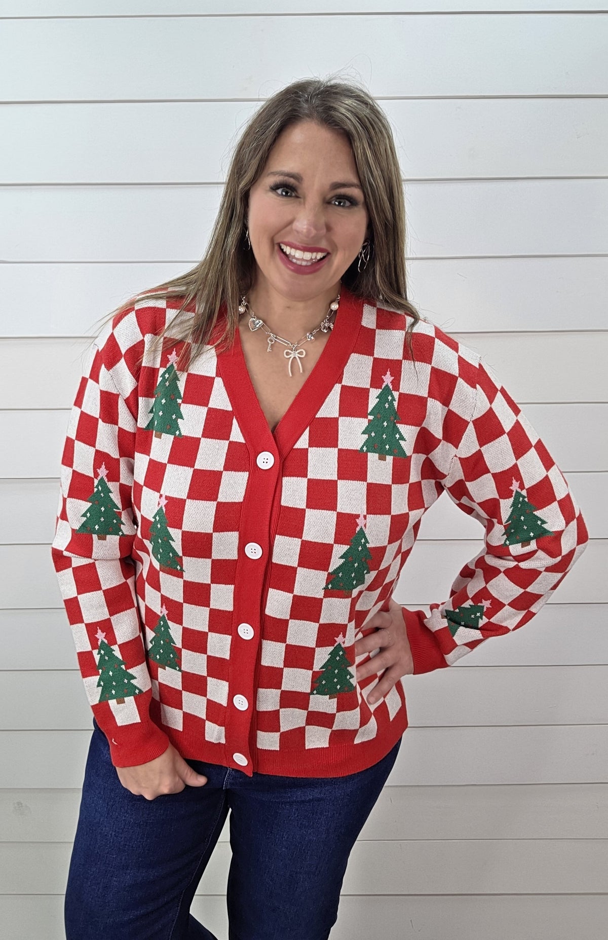 RED CHECKERED TREE BUTTON CARDIGAN SWEATER