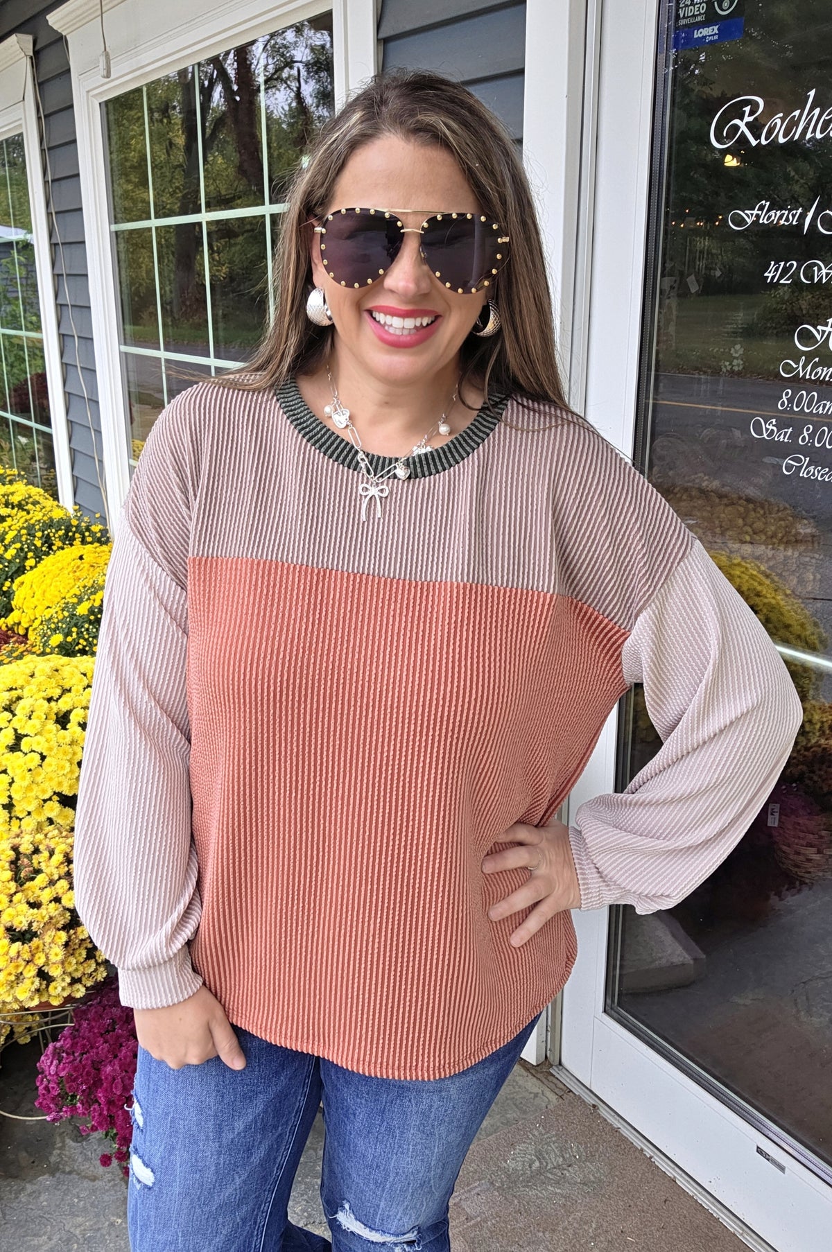 CINNAMON/MOCHA/TAUPE COLORBLOCK RIASED RIBBED KNIT TOP