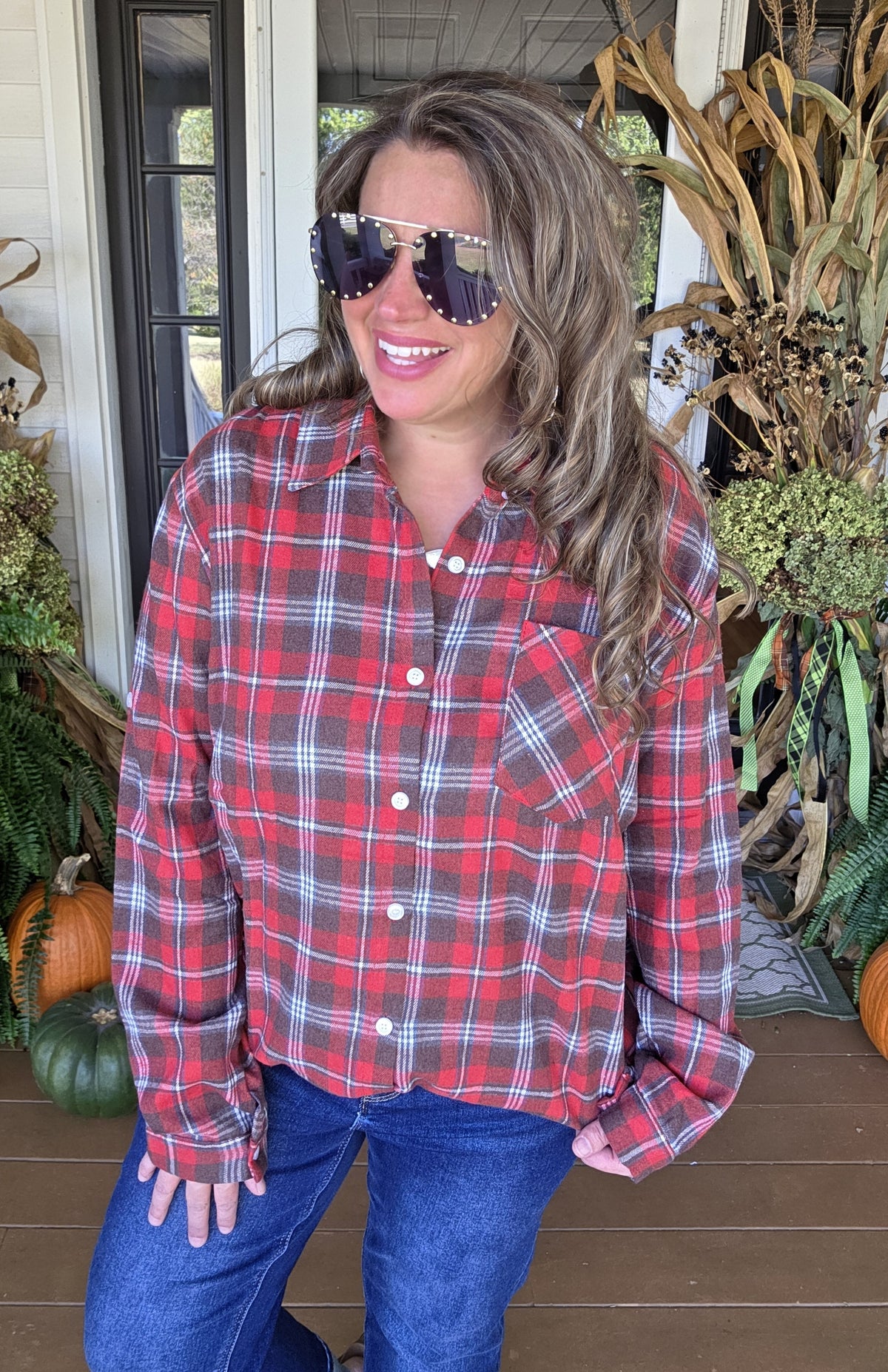 RED CHECK PLAID BUTTON DOWN FLANNEL